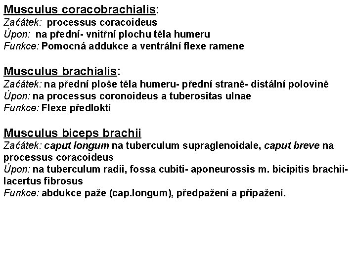 Musculus coracobrachialis: Začátek: processus coracoideus Úpon: na přední- vnitřní plochu těla humeru Funkce: Pomocná