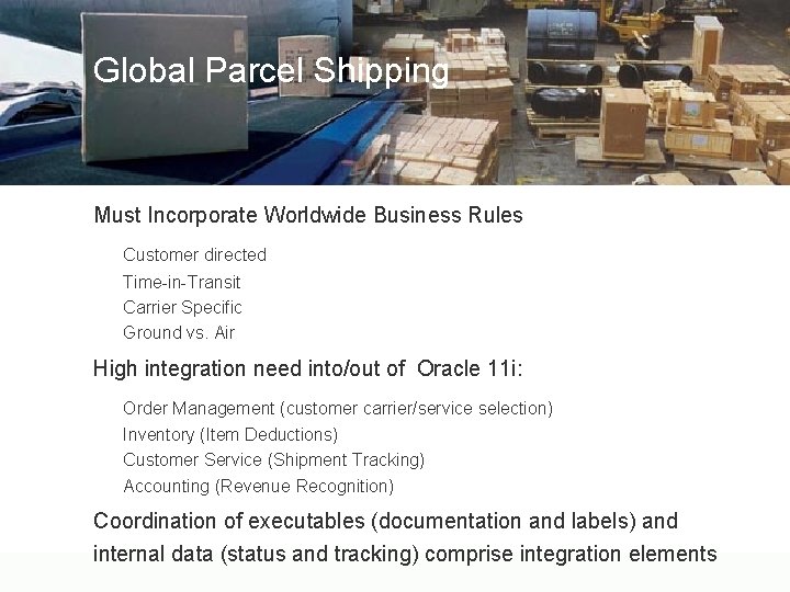 Global Parcel Shipping Must Incorporate Worldwide Business Rules Customer directed Time-in-Transit Carrier Specific Ground