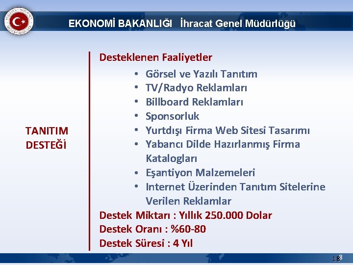 EKONOMİ BAKANLIĞI İhracat Genel Müdürlüğü TANITIM DESTEĞİ Desteklenen Faaliyetler • Görsel ve Yazılı Tanıtım