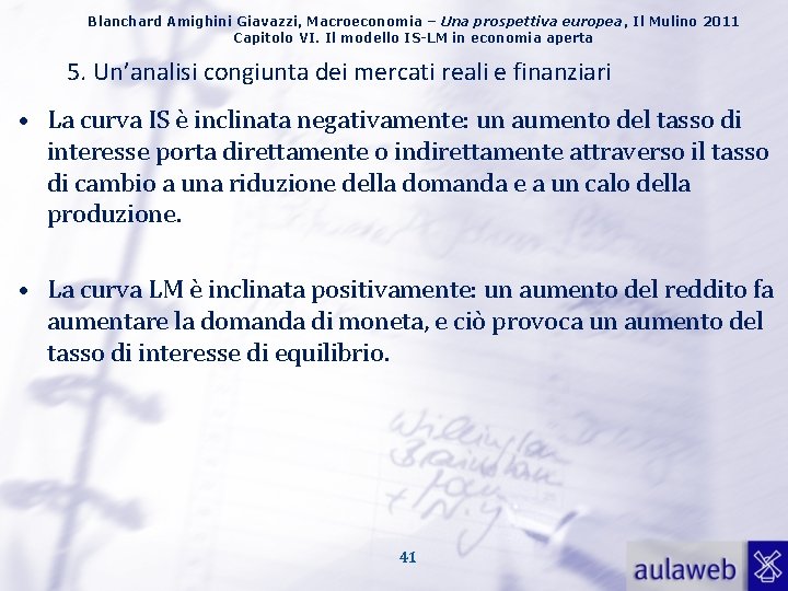 Blanchard Amighini Giavazzi, Macroeconomia – Una prospettiva europea, Il Mulino 2011 Capitolo VI. Il