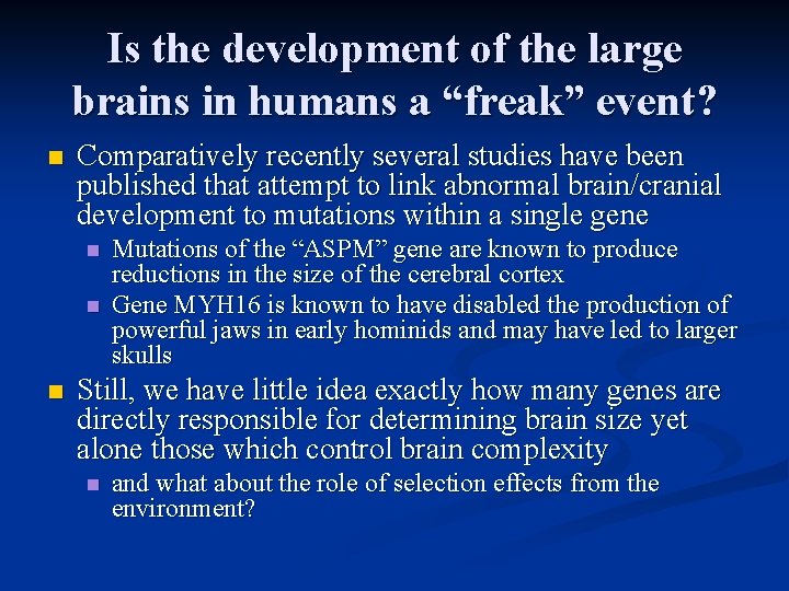 Is the development of the large brains in humans a “freak” event? n Comparatively
