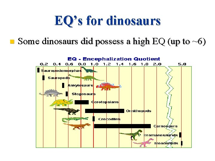 EQ’s for dinosaurs n Some dinosaurs did possess a high EQ (up to ~6)