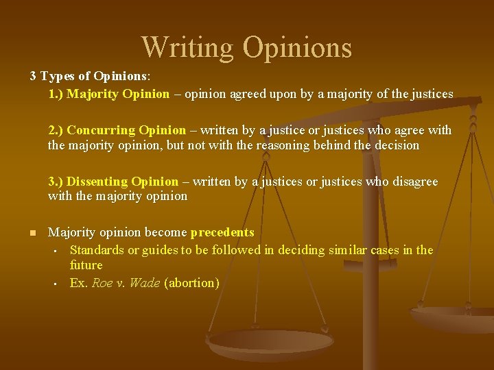 Writing Opinions 3 Types of Opinions: 1. ) Majority Opinion – opinion agreed upon