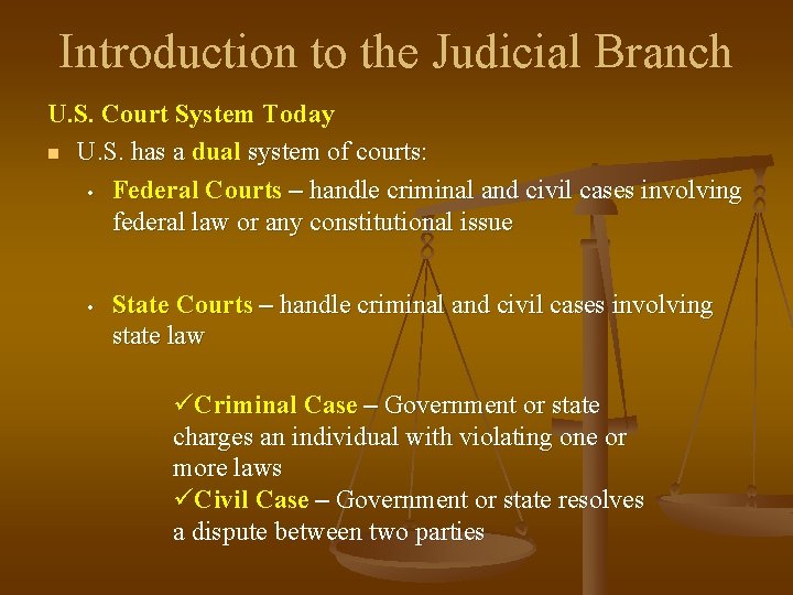 Introduction to the Judicial Branch U. S. Court System Today n U. S. has