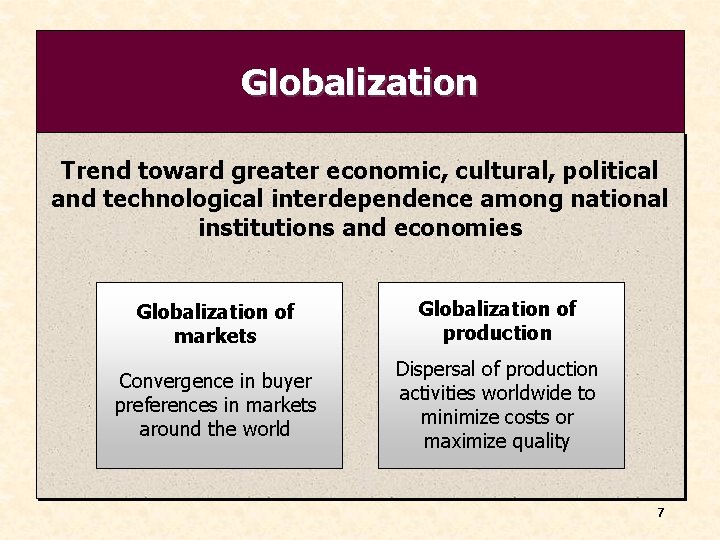 Globalization Trend toward greater economic, cultural, political and technological interdependence among national institutions and