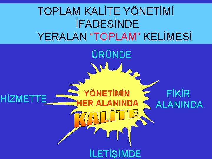 TOPLAM KALİTE YÖNETİMİ İFADESİNDE YERALAN “TOPLAM” KELİMESİ HİZMETTE ÜRÜNDE YÖNETİMİN HER ALANINDA İLETİŞİMDE FİKİR