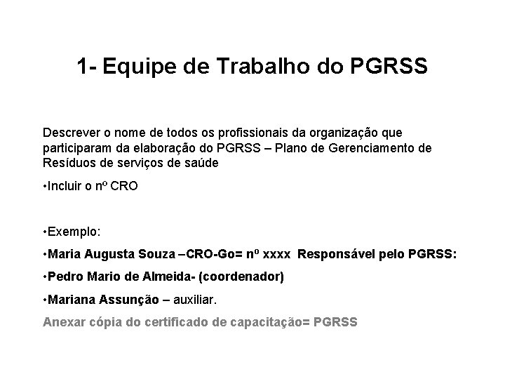 1 - Equipe de Trabalho do PGRSS Descrever o nome de todos os profissionais