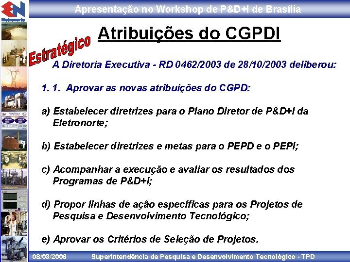 Apresentação no Workshop de P&D+I de Brasília Atribuições do CGPDI A Diretoria Executiva -