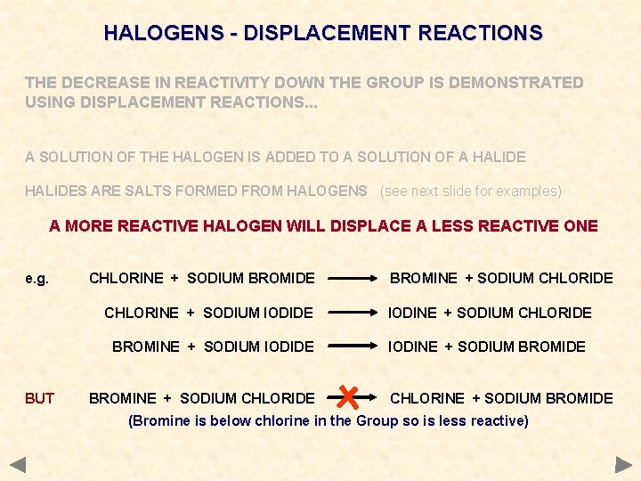 HALOGENS - DISPLACEMENT REACTIONS THE DECREASE IN REACTIVITY DOWN THE GROUP IS DEMONSTRATED USING