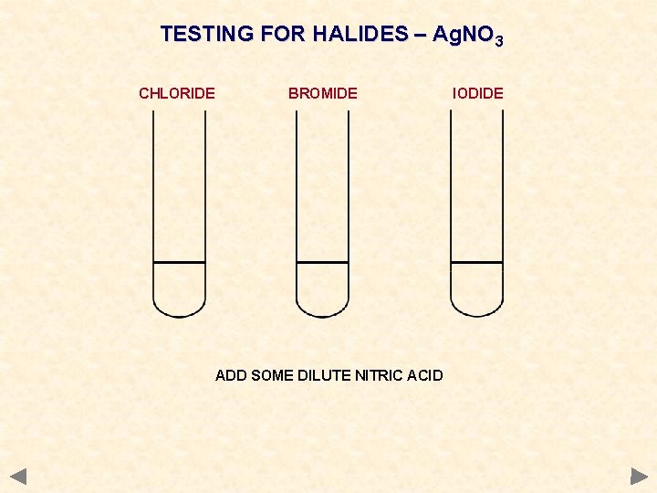 TESTING FOR HALIDES – Ag. NO 3 CHLORIDE BROMIDE ADD SOME DILUTE NITRIC ACID