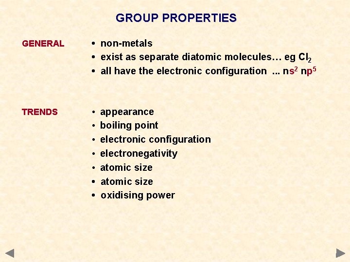 GROUP PROPERTIES GENERAL • non-metals • exist as separate diatomic molecules… eg Cl 2