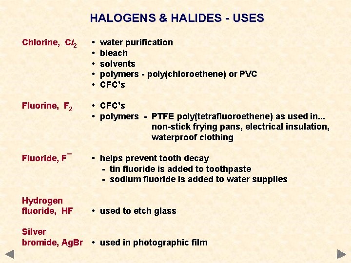 HALOGENS & HALIDES - USES Chlorine, Cl 2 • • • water purification bleach