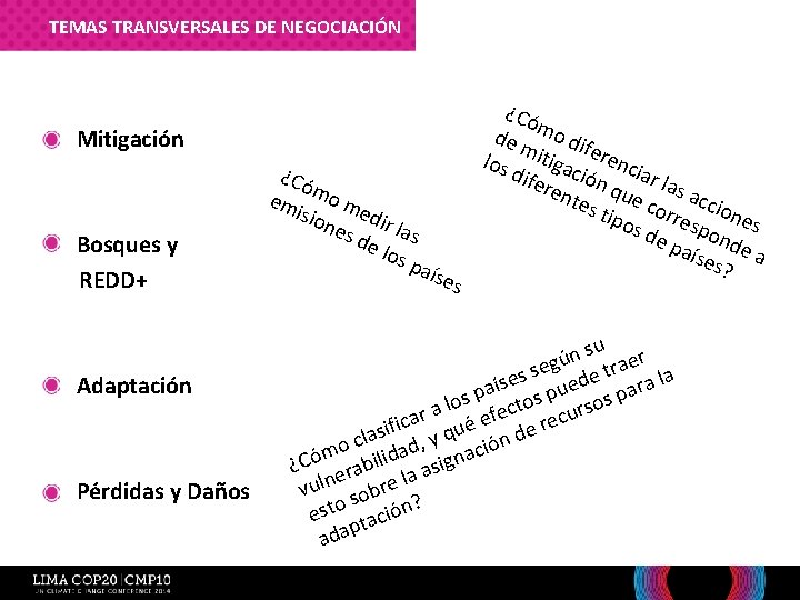 TEMAS TRANSVERSALES DE NEGOCIACIÓN • Mitigación • Bosques y REDD+ • Adaptación • Pérdidas