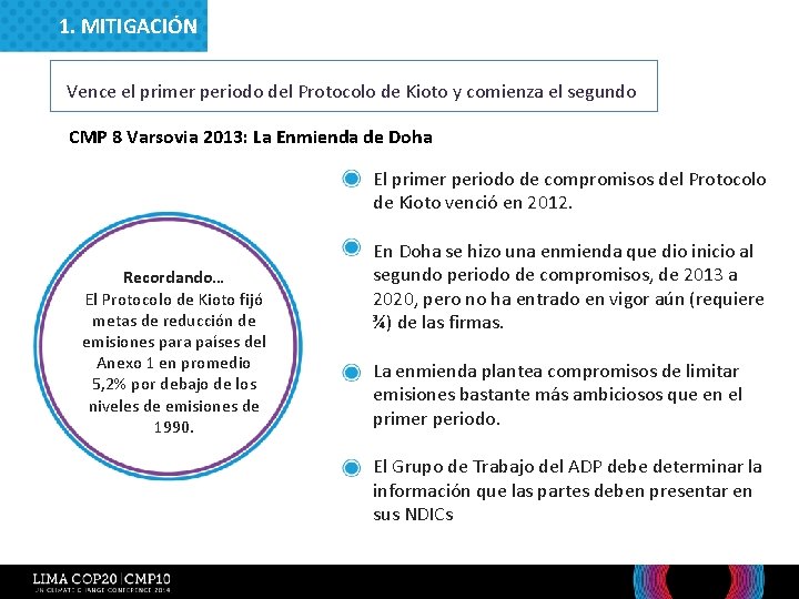 1. MITIGACIÓN Vence el primer periodo del Protocolo de Kioto y comienza el segundo