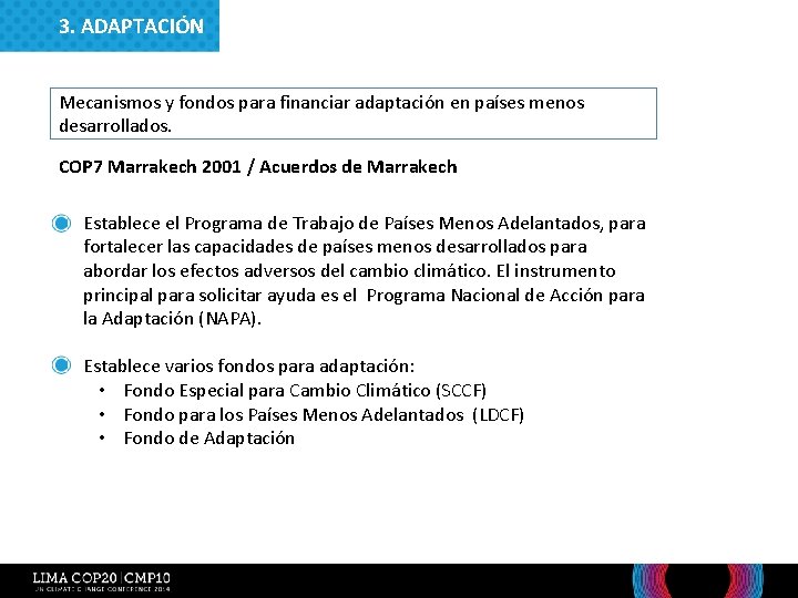 3. ADAPTACIÓN Mecanismos y fondos para financiar adaptación en países menos desarrollados. COP 7