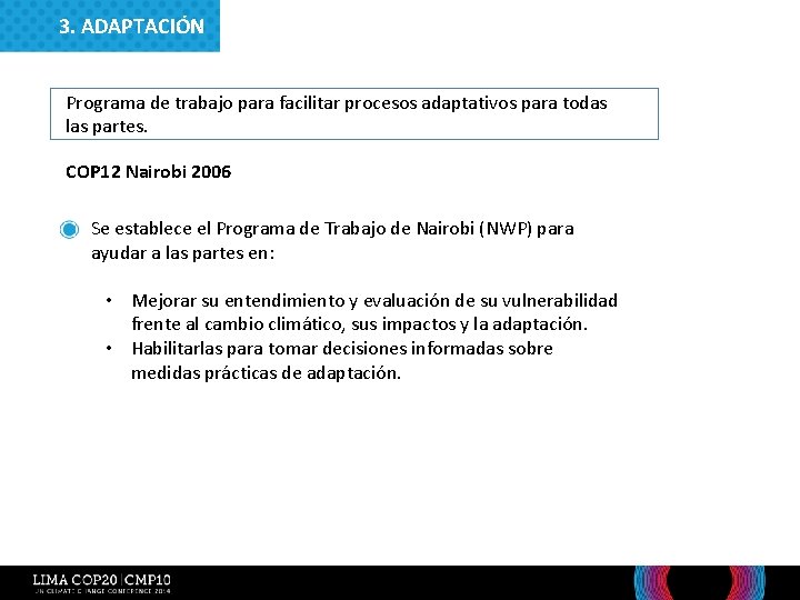 3. ADAPTACIÓN Programa de trabajo para facilitar procesos adaptativos para todas las partes. COP