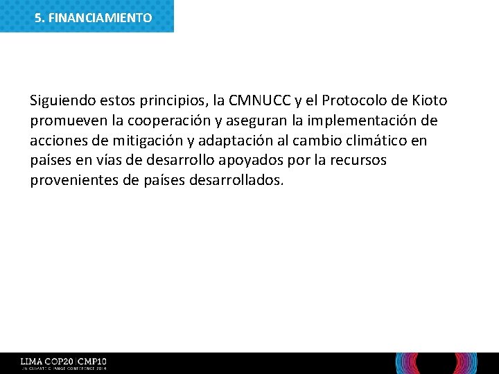 5. FINANCIAMIENTO Siguiendo estos principios, la CMNUCC y el Protocolo de Kioto promueven la