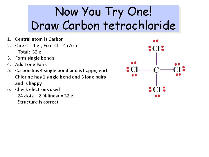 Now You Try One! Draw Carbon tetrachloride 1. Central atom is Carbon 2. One