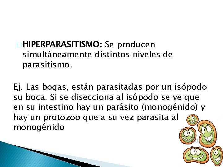 � HIPERPARASITISMO: Se producen simultáneamente distintos niveles de parasitismo. Ej. Las bogas, están parasitadas