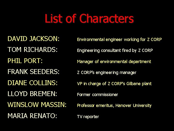 List of Characters DAVID JACKSON: Environmental engineer working for Z CORP TOM RICHARDS: Engineering