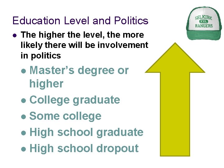Education Level and Politics l The higher the level, the more likely there will