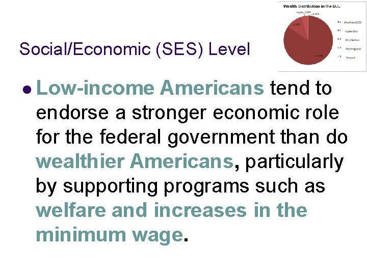 Social/Economic (SES) Level l Low-income Americans tend to endorse a stronger economic role for