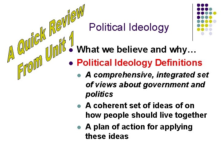 Political Ideology l l What we believe and why… Political Ideology Definitions l l