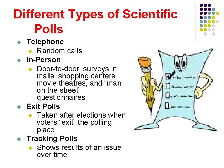 Different Types of Scientific Polls l l Telephone l Random calls In-Person l Door-to-door,