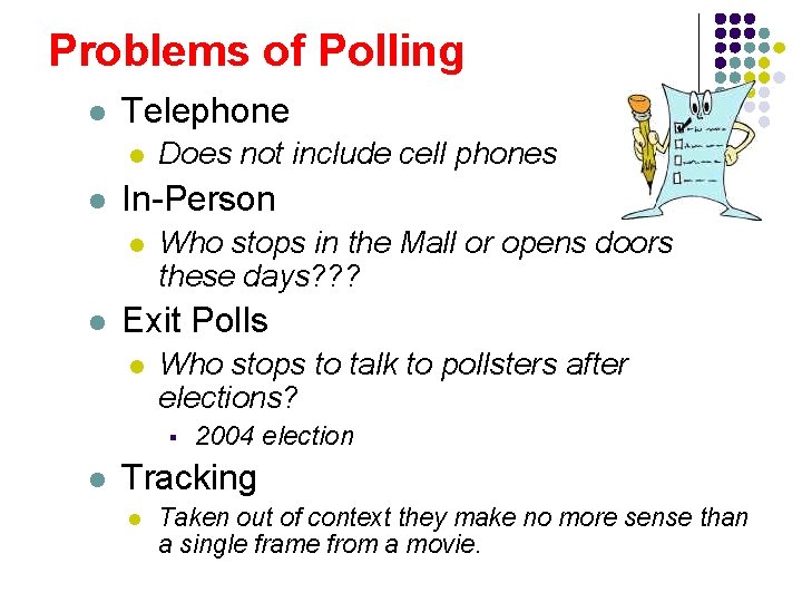 Problems of Polling l Telephone l l In-Person l l Does not include cell