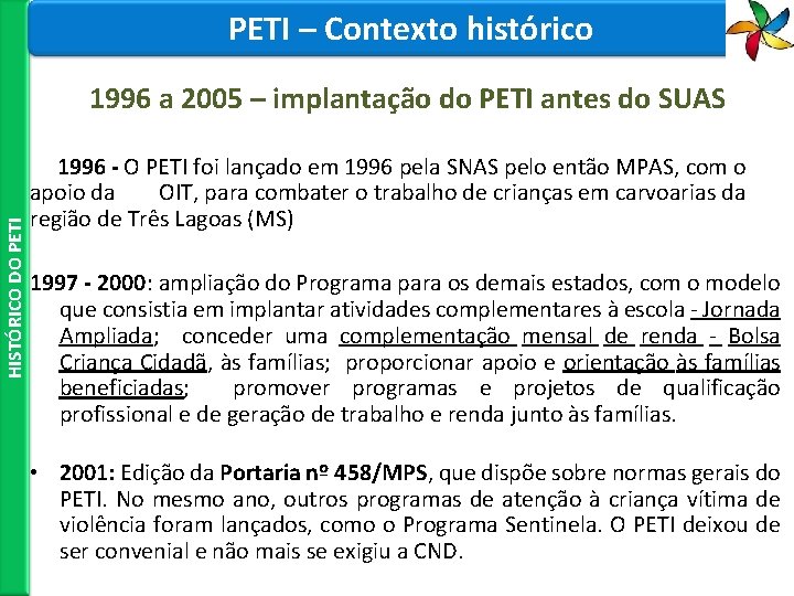 PETI – Contexto histórico HISTÓRICO DO PETI 1996 a 2005 – implantação do PETI