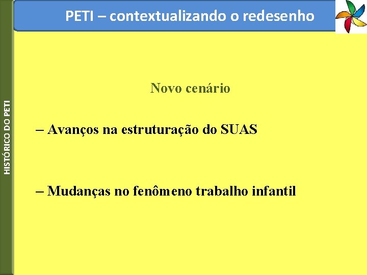 PETI – contextualizando o redesenho HISTÓRICO DO PETI Novo cenário – Avanços na estruturação