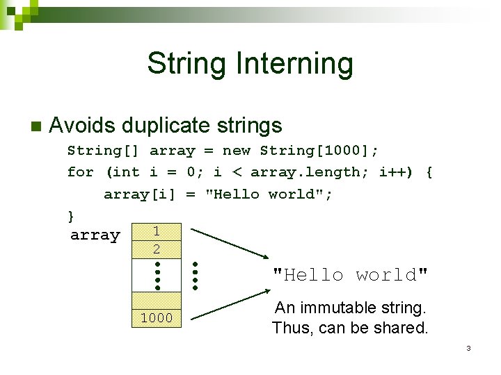 String Interning n Avoids duplicate strings String[] array = new String[1000]; for (int i