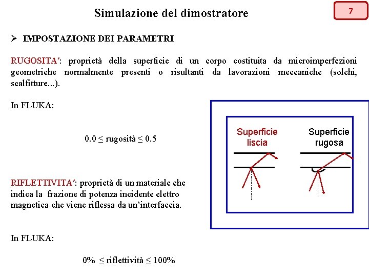 Simulazione del dimostratore 7 Ø IMPOSTAZIONE DEI PARAMETRI RUGOSITAʹ: proprietà della superficie di un