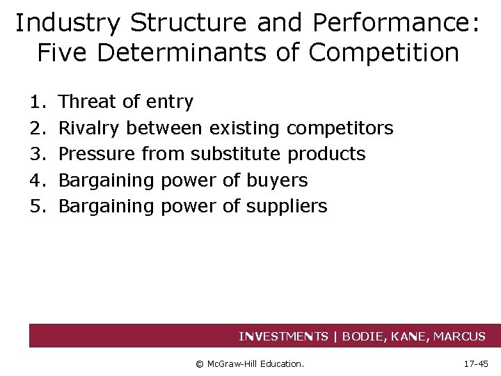 Industry Structure and Performance: Five Determinants of Competition 1. 2. 3. 4. 5. Threat