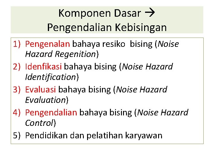 Komponen Dasar Pengendalian Kebisingan 1) Pengenalan bahaya resiko bising (Noise Hazard Regenition) 2) Idenfikasi