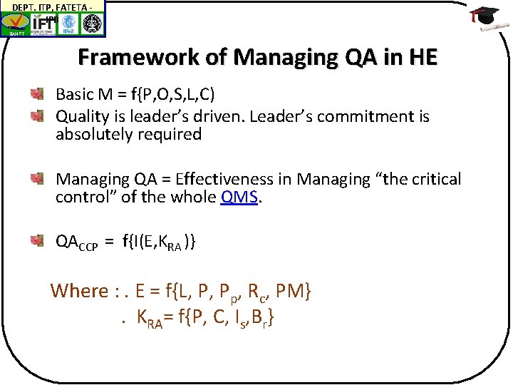 DEPT. ITP, FATETA IPB BAN-PT Framework of Managing QA in HE Basic M =