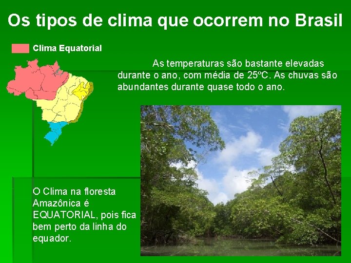 Os tipos de clima que ocorrem no Brasil Clima Equatorial As temperaturas são bastante