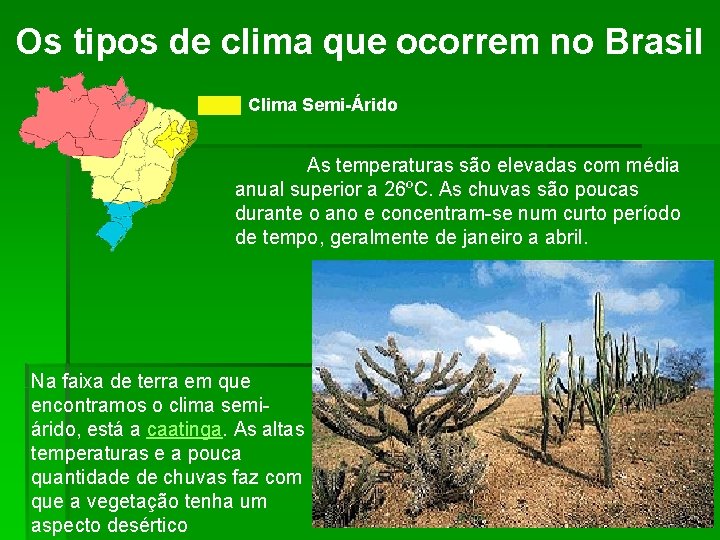 Os tipos de clima que ocorrem no Brasil Clima Semi-Árido As temperaturas são elevadas