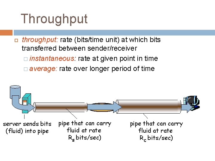 Throughput throughput: rate (bits/time unit) at which bits transferred between sender/receiver � instantaneous: rate