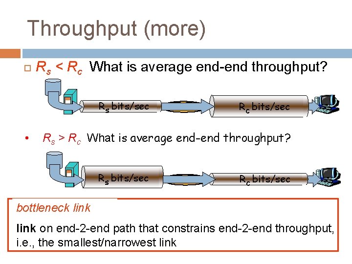 Throughput (more) Rs < Rc What is average end-end throughput? Rs bits/sec • Rc