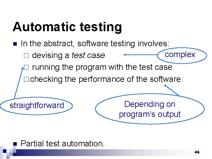 Automatic testing n In the abstract, software testing involves: complex ¨ devising a test