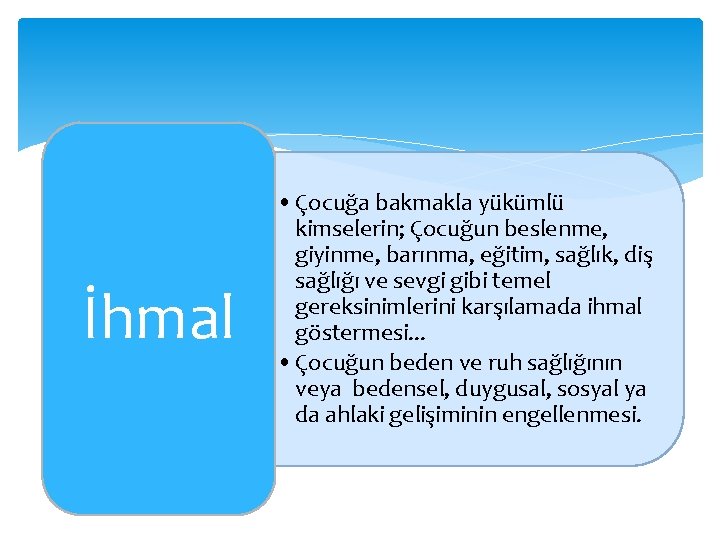 İhmal • Çocuğa bakmakla yükümlü kimselerin; Çocuğun beslenme, giyinme, barınma, eğitim, sağlık, diş sağlığı