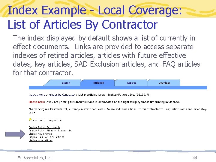 Index Example - Local Coverage: List of Articles By Contractor The index displayed by