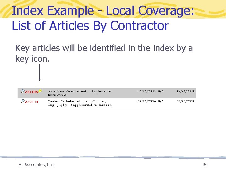 Index Example - Local Coverage: List of Articles By Contractor Key articles will be