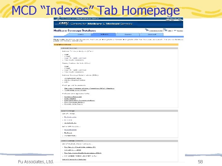 MCD “Indexes” Tab Homepage Fu Associates, Ltd. 58 