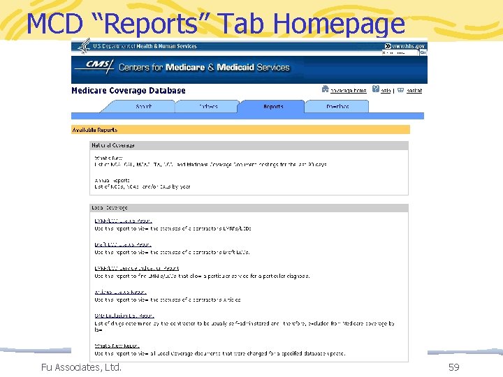 MCD “Reports” Tab Homepage Fu Associates, Ltd. 59 