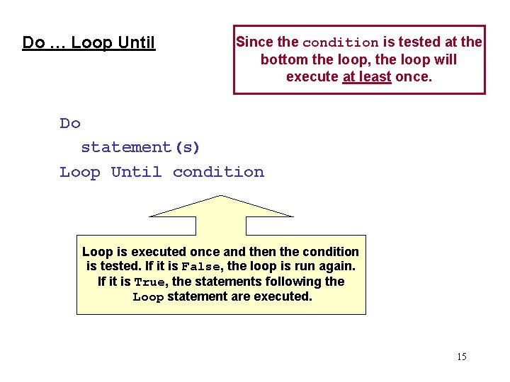 Do … Loop Until Since the condition is tested at the bottom the loop,