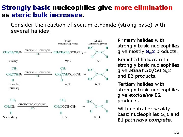 Strongly basic nucleophiles give more elimination as steric bulk increases. Consider the reaction of Strongly basic nucleophiles give more elimination as steric bulk increases. Consider the reaction of