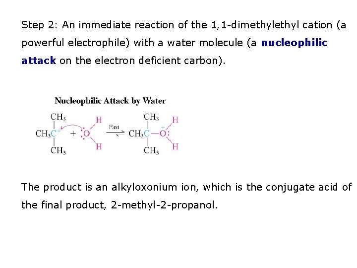 Step 2: An immediate reaction of the 1, 1 -dimethyl cation (a powerful electrophile) Step 2: An immediate reaction of the 1, 1 -dimethyl cation (a powerful electrophile)
