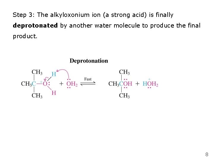 Step 3: The alkyloxonium ion (a strong acid) is finally deprotonated by another water Step 3: The alkyloxonium ion (a strong acid) is finally deprotonated by another water
